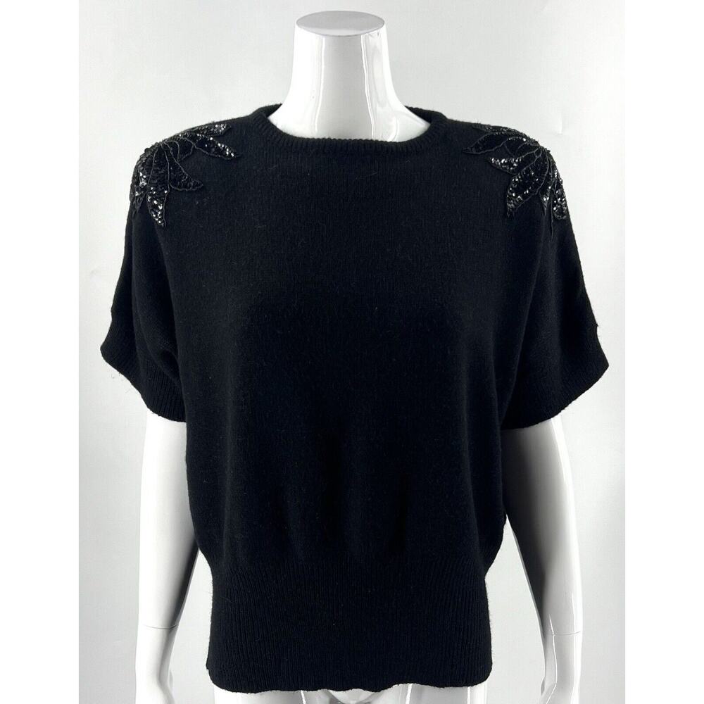 Black Beaded Shoulder Crewneck Sweater - Women